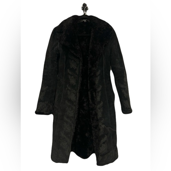 Express Vintage 90s Y2K Black Suede Faux Fur Embroidered Coat - Picture 1 of 6